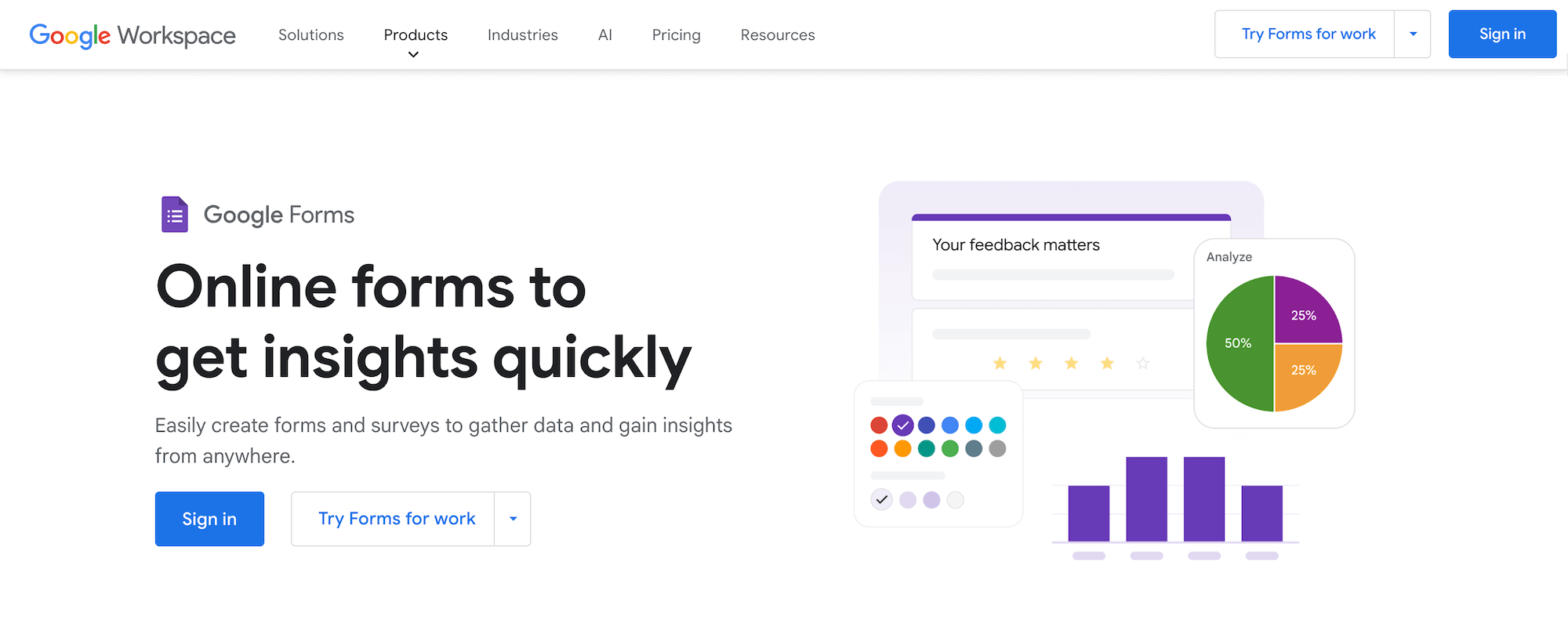 Google Forms by Google Workspace homepage: Online forms to get insights quickly