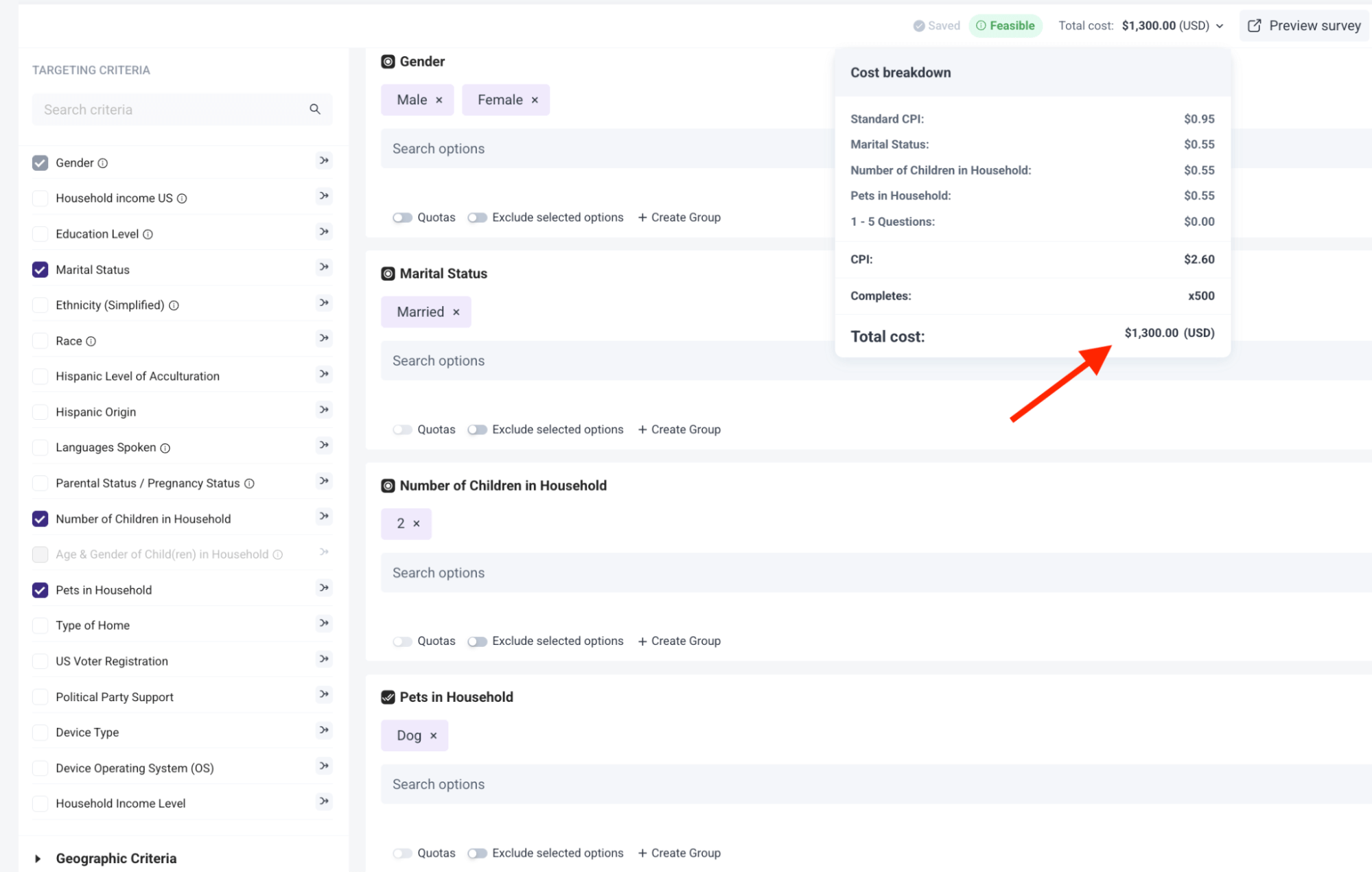 Cost Breakdown for Target Audience example