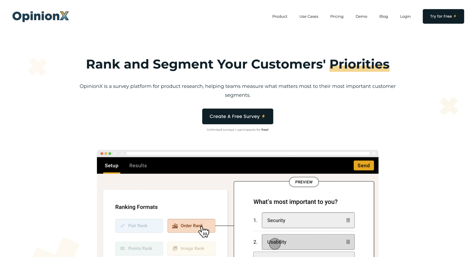 OpinionX homepage: Rank and Segment Your Customers' Priorities