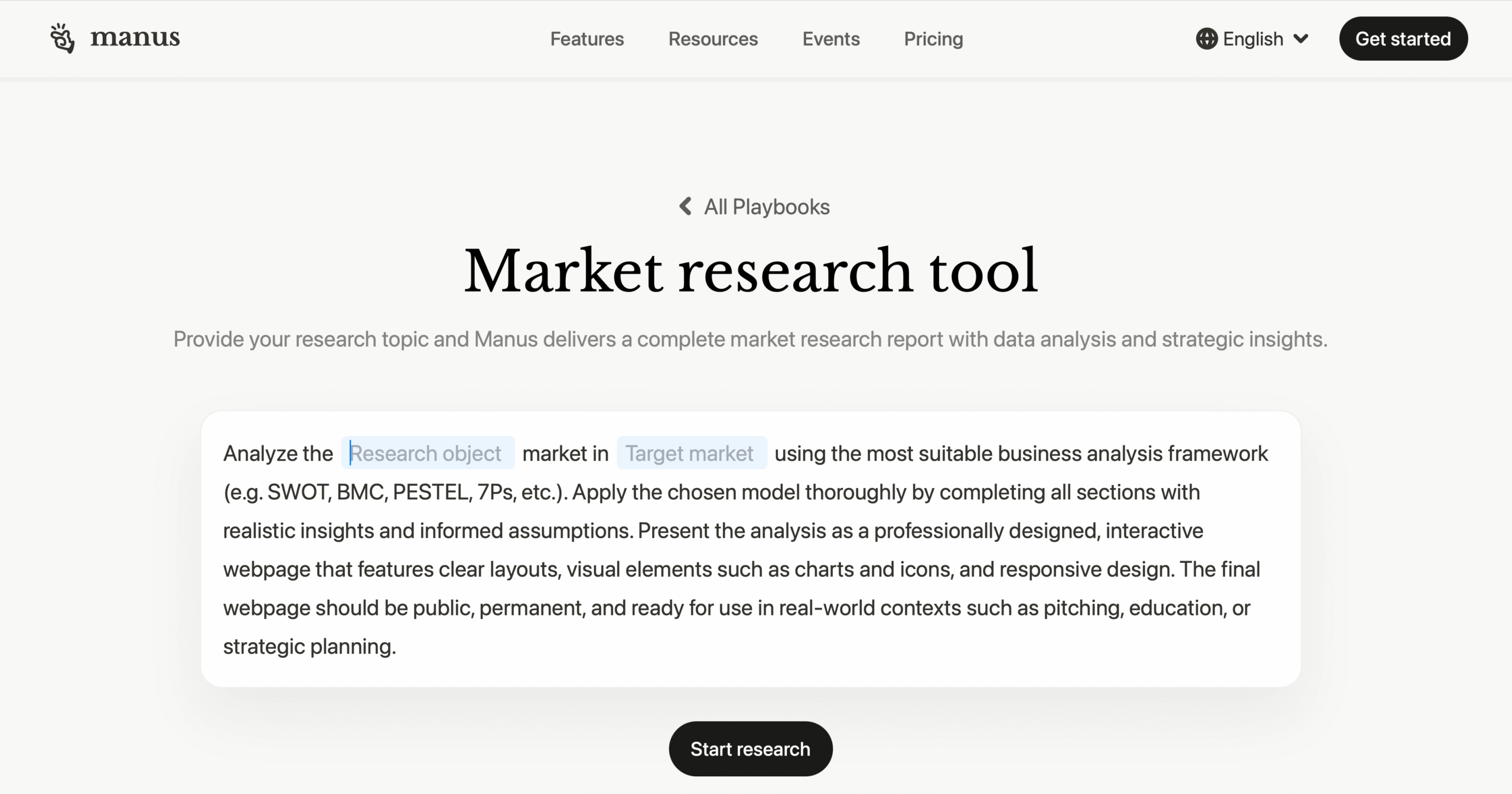 Manus Market Research Tool Playbook landing page
