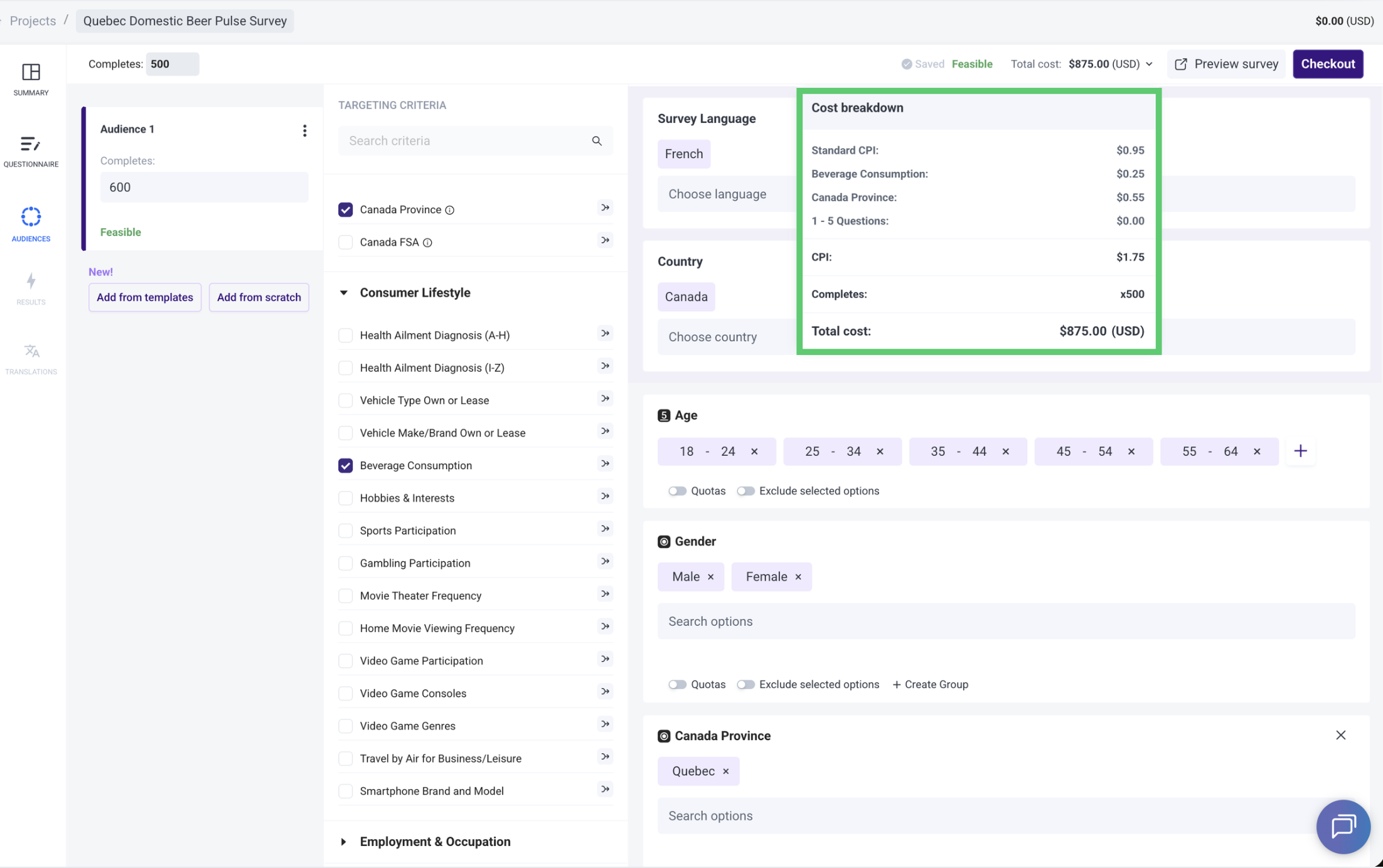 Pollfish UI image showcasing pricing explained above
